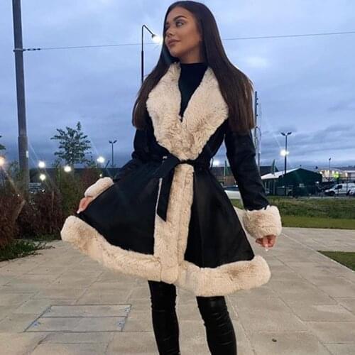 Malina PU Leather Jackets Women Fashion Tie Belt Waist Coats Women Elegant Side Pockets Faux Fur Long Jackets Female Ladies