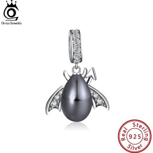 ORSA JEWELS 925 Sterling Silver Bead Charm Black Pearl With AAAA CZ Charm fit Original Beads Bracelet Pendant Jewelry CB54