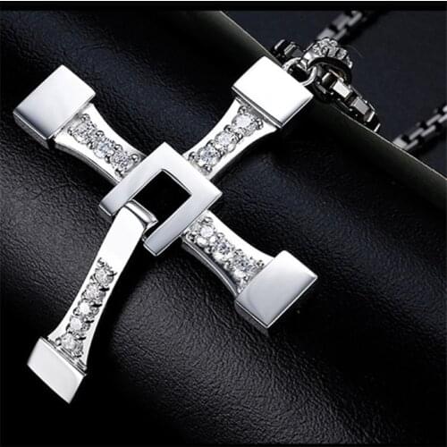 Fast and Furious Cross Necklace Dominic Toretto Cross Rhinestone Pendant Necklace Stainless Steel Necklace for Men