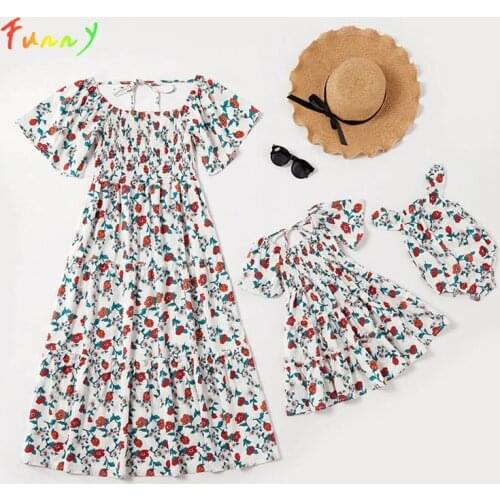 New Arrival Printed Dress Summer 2021 Family Matching Clothes Short Sleeve Floral Series Set High Waist Family Look Dress