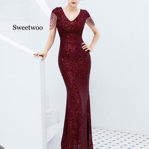 Sequined Women Dress V Neck Short Sleeve Mermaid Party Gowns Short Sleeve Sexy Robe Femme Elegant Formal Dresses