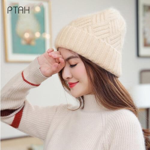 [PTAH] Knitted Hat Women Winter Hats for Women Ladies Brand Pure Color Outdoor Girls Cap Female Skullies Beanies Warm Wholesale