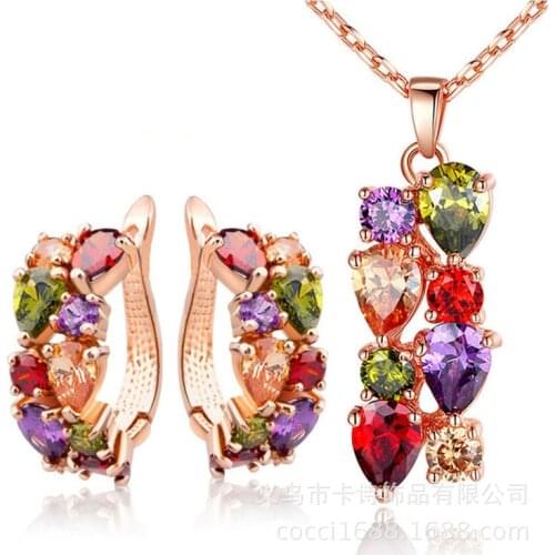 2021 new luxury rose gold color round pear Necklace Earrings Set wedding bridal for women lady anniversary gift jewelry J5784