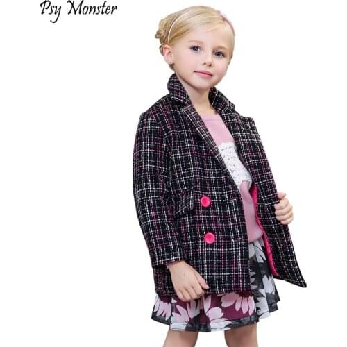 School Girls Woolen Jackets Brand Thicken Warm Winter Plaid Children Blouson Enfant Kids Baby Girl Overcoats Outerwear W35