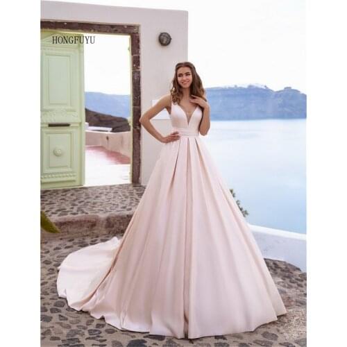 Wedding Dress Train V-Neck Satin A-Line Wedding Gown Vestido De Noiva 2021 Fashion Princess Bridal Gown