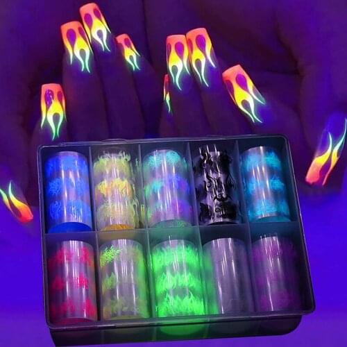 10 Rolls Luminous Nail Foil Transfer Stickers Glow In The Dark Flame Print Design Manicure Art Decals Set for Women and Girls