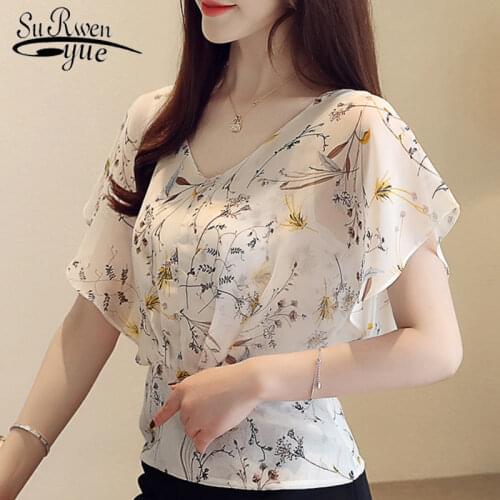 Womens summer blouses 2021 plus size tops V neck ruffles print chiffon blouse women short sleeve shirts ladies tops 4596 50