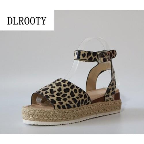 Women Sandals Flats Shoes Summer Fashion Leopard Buckle Strap Wedges Platform Peep Toe Breathable Casual Female Plus Size 36-43