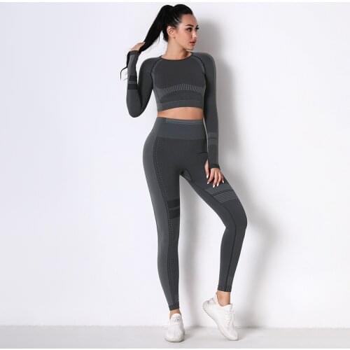 Women Yoga Sets Sports Tight Running Breathable Knitted Seamless Yoga Wear Long Sleeve High Waised Leggings Fitness Suit