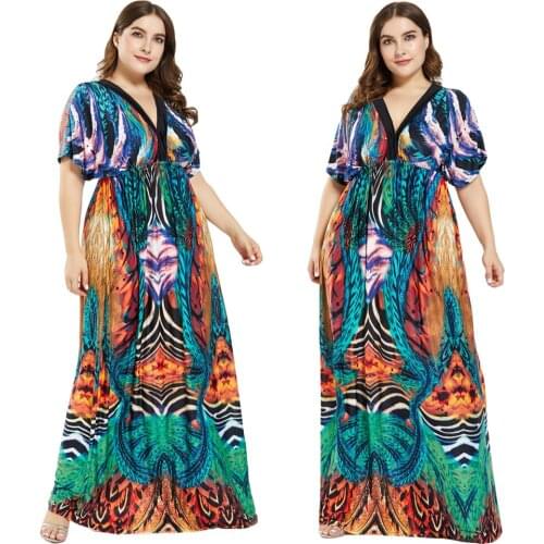 Plus Size Bohemian Long Maxi Dress Women Batwing Short Sleeve V Neck Floral Printed Beach Sundress Kaftan Holiday Party Dresses