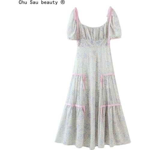 2020 autumn new boho vintage fashion women square neck puff sleeve lace stitching pleated long dress