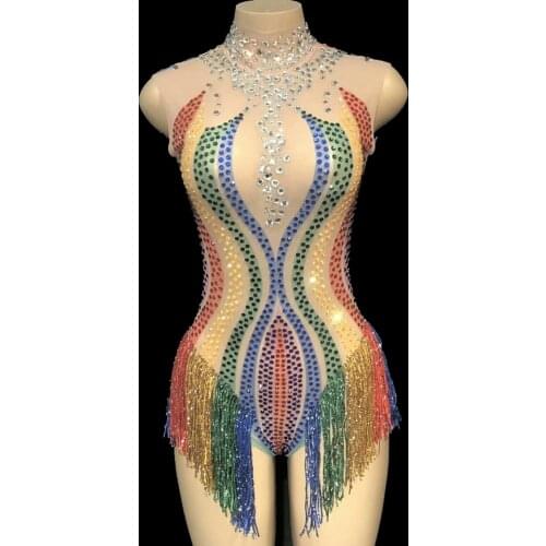 Womens Colorful Rhinestone Transparent Mesh Bodysuit Tassel Dance Wear Female Singer Performance Costumes Nightclub Stage Wear