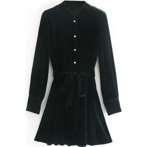 Mini Shirt Dress Vintage Long Sleeve with Belt Buttoned Dress Mujer Women Chic Fashion 2021 with Button Ruffled Velvet