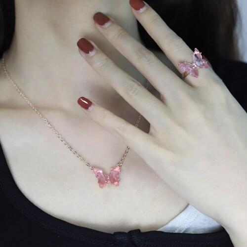2021 New Butterfly Ring Pendant Necklace Set Purple Trendy Sweet Crystal Adjustable Stud Earring for Women Party Jewelry Paired