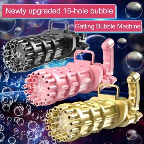 Kids Gatling Bubble Machine 15 Holes Automatic Bubble Gun Summer Soap Water 2-in-1 Electric Bubble Machine For Children