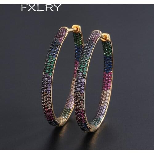 FXLRY Luxury Colorful Hoop Earrings Gold Color Rainbow Cubic Zirconia Round Big Earings For Women Fashion jewelry