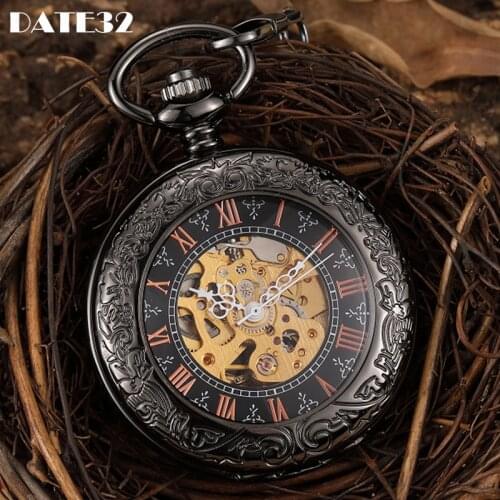 Mechanical Pocket Watch Antique Skeleton Fob Chain Bronze Roman Numeral Case Hanging Reloj with Gift Box for Men Dropshipping