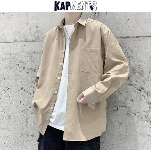 KAPMENTS Men Long Sleeve Harajuku Shirts 2021 Spring Mens Solid Korean Clothes Loose Botton Up Shirt Male Casual Vintage Tops