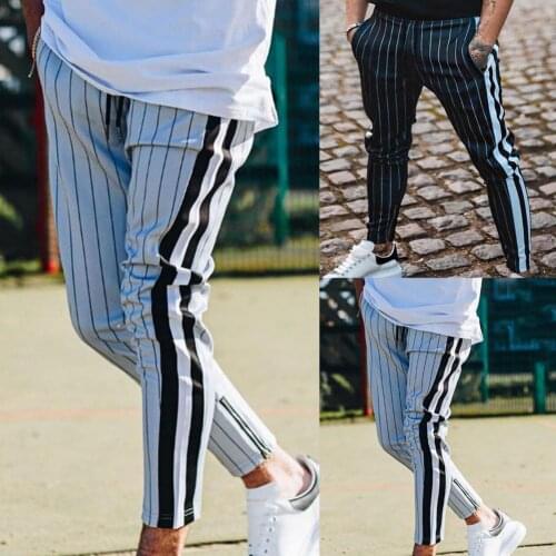 2021 Men Solid Color Elasticity Trousers Casual Men Pants Stripe Side Pocket Summer Elastic Waist Drawstring Trousers for Dating