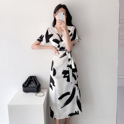 New Korean Chic V-Neck Short Sleeve Printed Chiffon Dress Female Summer 2021 One Piece Office Ladies' Dresses Midi Casual Dress
