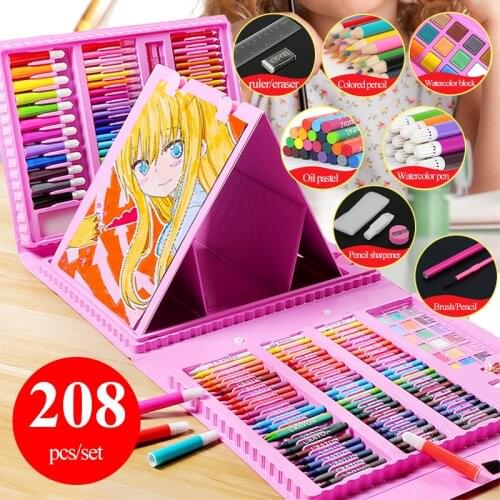 Students Drawing Watercolor Pens & Oil Pastels & Colored Pencils Tool 208pcs/set Childrens Art Painting Birthday Christmas Gift