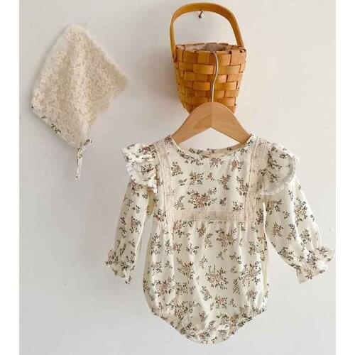 Baby Girl Clothes Spring New Baby Jacquard Printed Cotton Long-Sleeved Leotard Bodysuits Climbing Clothes Send Cap