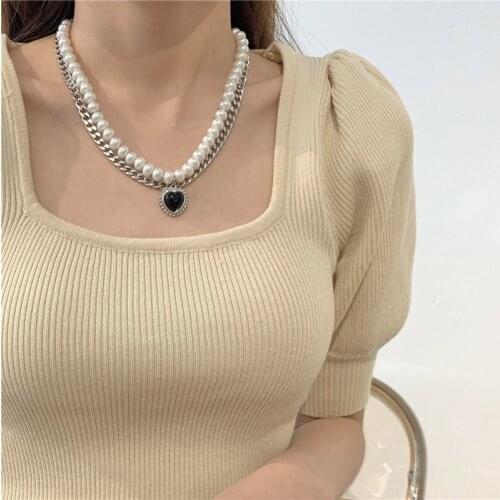 Black Heart Pendant Necklace for Women Imitation Pearls Clavicle Chain Layered Necklaces Female 2021 Fashion Jewelry New