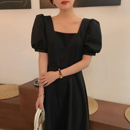 Womens Spring Summer Fashion Designer Brief Square Collar Long Black Dress Female Chic Casual Loose Dress TB733