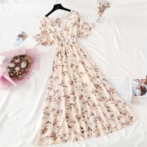 Casual Women Summer 2021 Bohemian Dress Backless Beach Floral Midi Dress Elegant Female Sundress Short-sleeved Chiffon Dresses