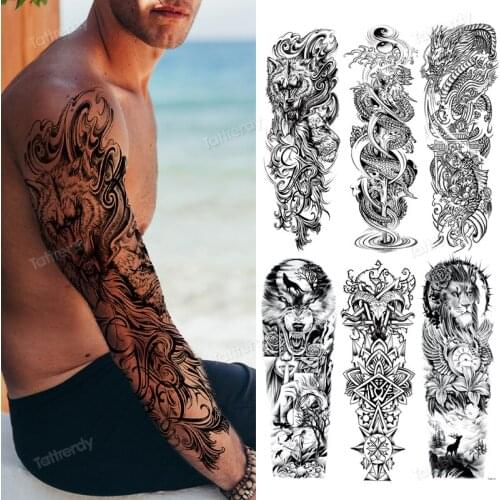 Sexy Full Arm Temporary Tattoos Sticker For Men Adult Women Dragon Wolf Lion Black Realistic Fake Tattoo Sleeves Large Sticker