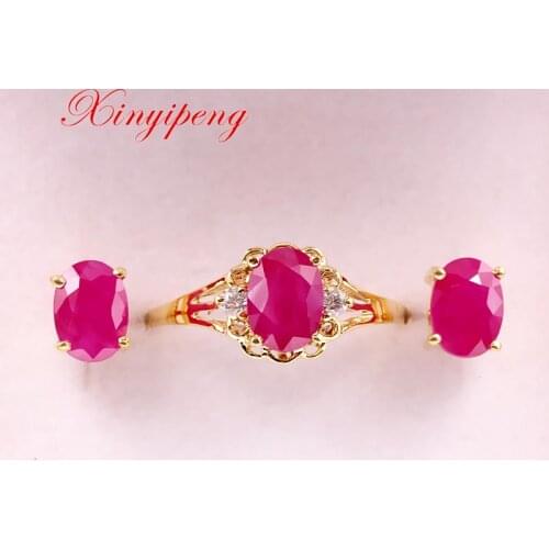 Xin yi peng 18 k yellow gold inlaid natural ruby ring earrings jewelry suit, women jewelry, simple and easy