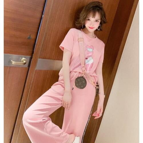 Loose round neck with diamond print T Compassionate+Side contrast wide leg high waist pants suit 2021 spring new