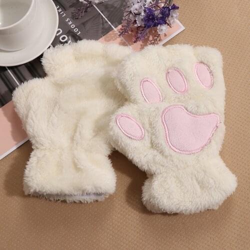 1Pair Warm Women Girls Winter Fingerless Gloves Cute Fluffy Bear Cat Plush Paw Claw Half Finger Glove Mitten