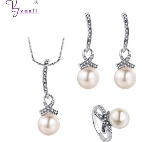 Kfvanfi unique design classic silver color white rhinestones round imitation pearl cross zinc alloy jewelry sets gift for women