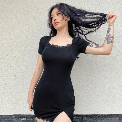 Vintage Lace Patched Split Y2k Dress Sexy Women NiceSummer Short Sleeve Square Collar Mini Sundress Elegant Black Party Dresses