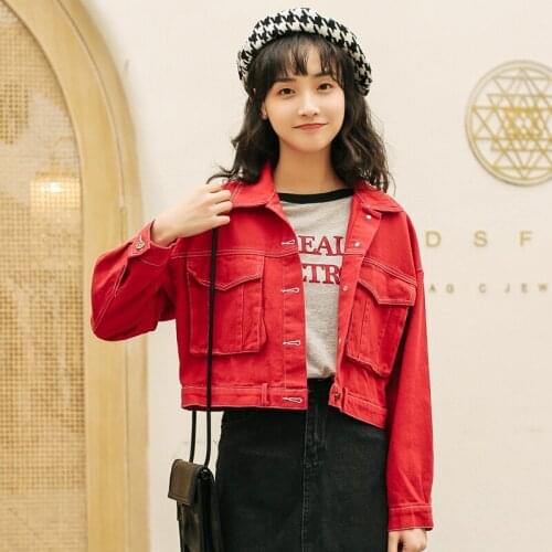 Harajuku Women Denim Jacket Red Yellow Loose Coat Casual Vintage Denim Female Outwear 2021 Solid Color Single Breasted Jacket