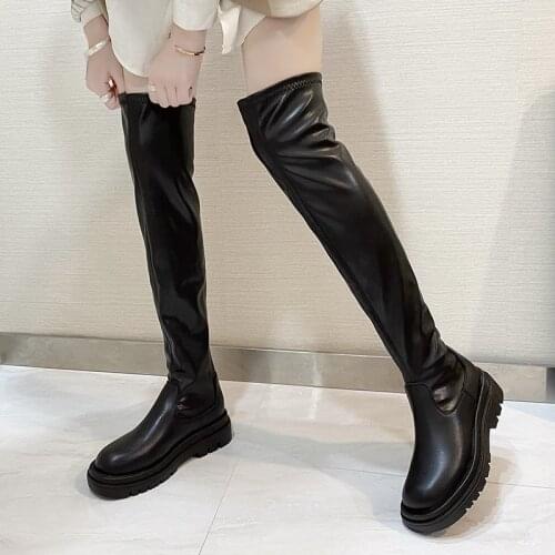 Winter Knee High Boot Women Mid Calf Boots Leather Chunky Boots Platform Flat Long Boots Chelsea Fashion Slim Thigh High Boots