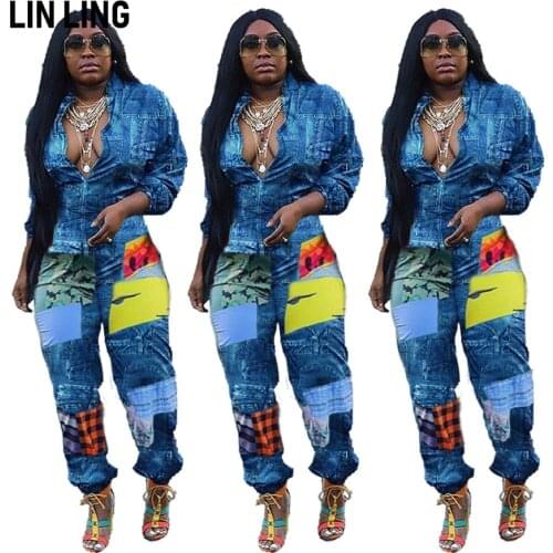 LINLING Autumn and Winter 2021 New European and American Womens Fashion Contrast Denim Print Loose Jumpsuit
