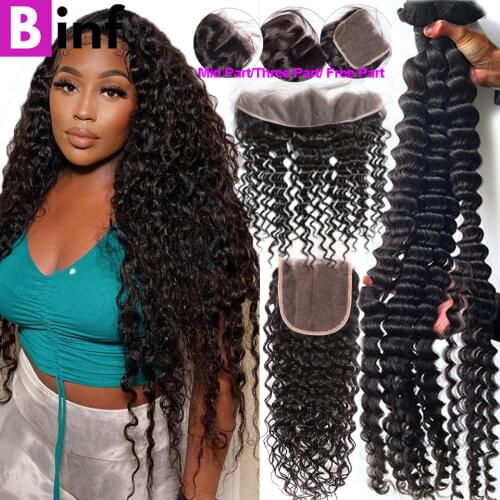 Peruvian Deep Wave Bundles With Closure 3/4 Bundles With Frontal 34 36 38 40 Inches Remy Human Hair BINF Bundles And Closure