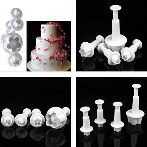 4pcs Flower Shape Plastic Baking Mold Kitchen Biscuit Cookie Cutter Pastry Plunger 3D Stamp Die Fondant Cake Decorating Tools