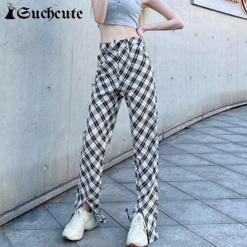 SUCHCUTE Plaid Split Streetwear Y2K Straight Pant Joggers Women Harajuku Korean Fashion Vintage Trousers Casual Kawaii Clothing