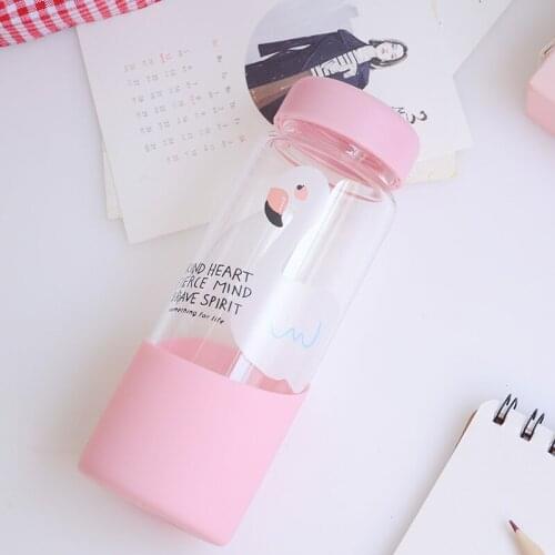 300ml/420ml Cartoon Animal Pink Flamingo Water Bottle Transparent Glass Portable Drinking Bottles Lovely Milk Cup Tour Drinkware
