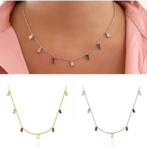 925 Silver Chain Luxury Colorful Crystal CZ Pendant Necklace For Lovers' Valentines Day Chain Necklaces Collares Jewelry