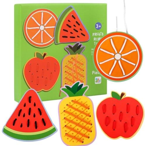 4pcs Kids Montessori Wooden Animal Fruit Shaped String Lacing Toys Baby Learning Fine Motor Skills Educational Toys for Children