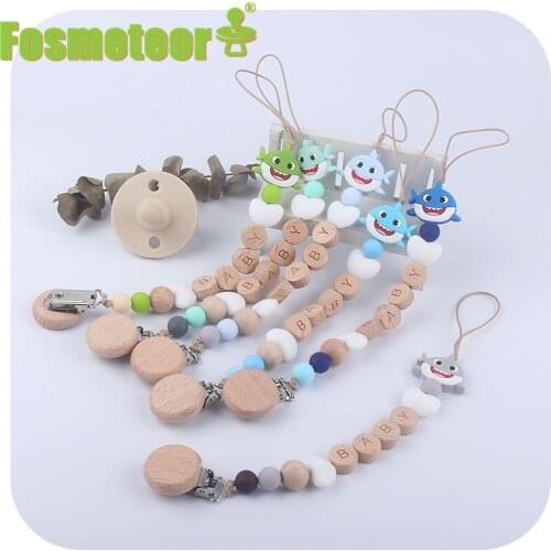 Fosmeteor New Style Custom Baby Name Nipple Chain Cartoon Silicone Bead Shark Teether Infant Newborn Teether Pacifier Chain