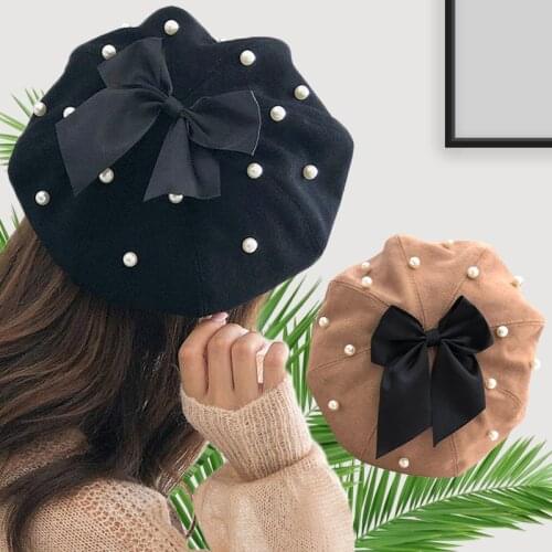 Pearl Bow Berets Women Winter Wool Cap Vintage Cashmere Female Warm Adjustable Hats Girls Flat Caps Lady Fashion Accessories