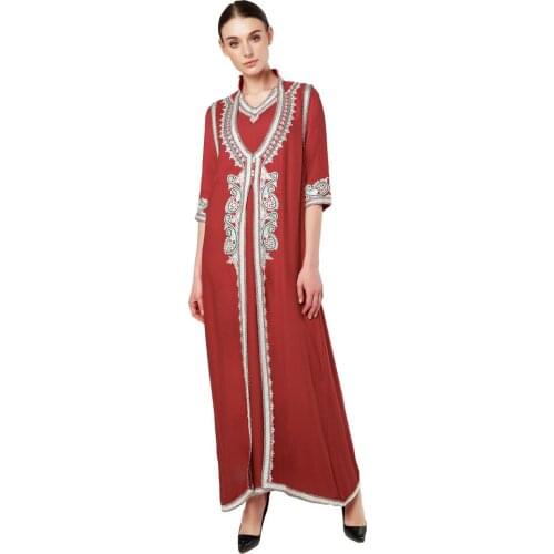 2021 Arab Dubai Hot Models Of Muslim Womens Ethnic Printed Robe And Long Skirt Two-piece Abaya Eid Ramadan Prayer Clothes