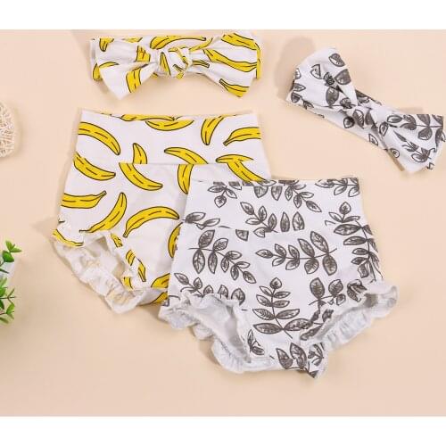 2Pcs Infant Baby Summer Shorts Cute Banana/Leaf Printing Elastic High-Waist Frilly Shorts+Bowknot Headband for Kids Boys Girls