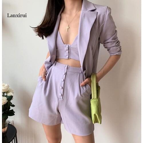 Boyfriend style One Button Mid Long Women Blazer 3 Pieces Set High Waist Loose Shorts Short Pants Long Sleeve Suits
