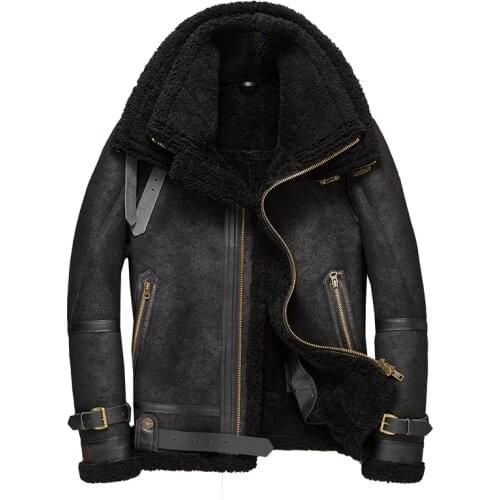 Mens Shearling Jacket B3 Flight Jacket Double Collar Short Leather Jacket Men Sheepskin Aviator Fur Coat Mens Bomber Jacket